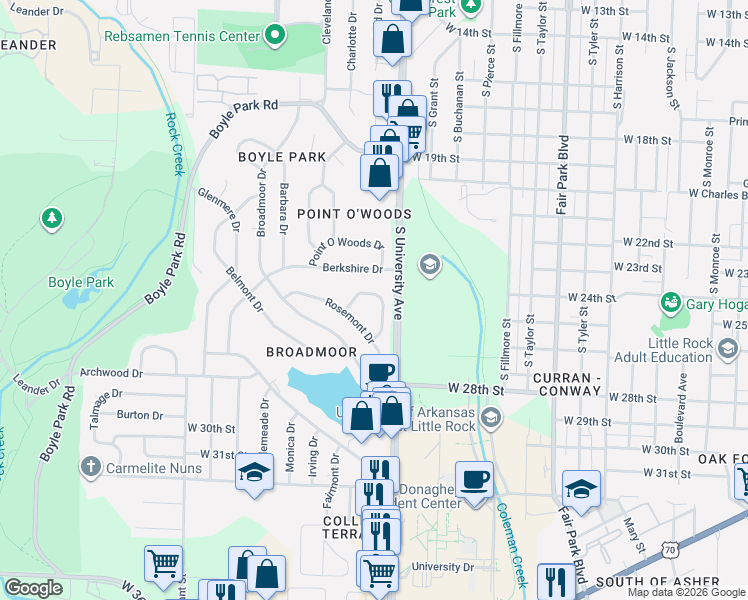 map of restaurants, bars, coffee shops, grocery stores, and more near 15 Woodcliff Circle in Little Rock