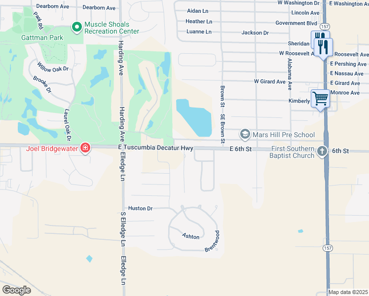 map of restaurants, bars, coffee shops, grocery stores, and more near 1607 East Tuscumbia Decatur Highway in Muscle Shoals