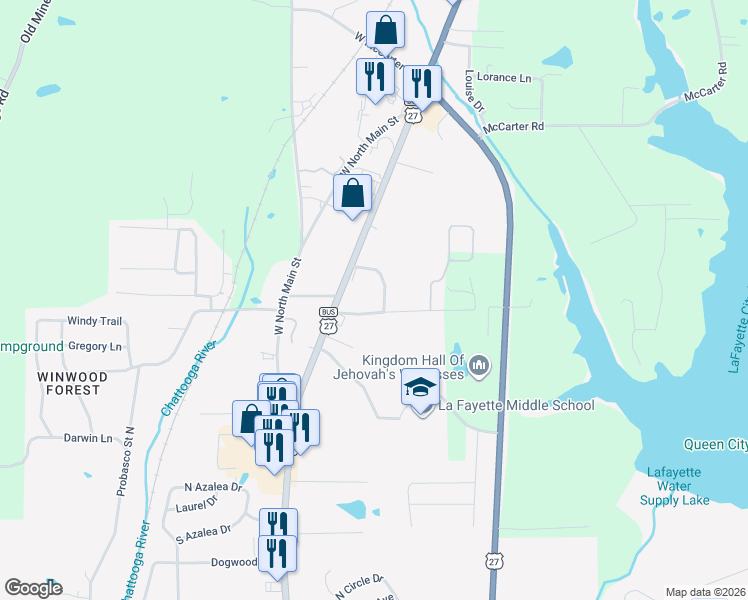 map of restaurants, bars, coffee shops, grocery stores, and more near 102 Stanfield Road in LaFayette