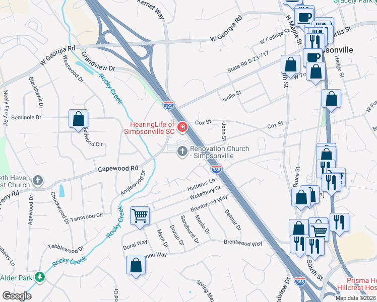 map of restaurants, bars, coffee shops, grocery stores, and more near 640 State Road S-23-530 in Simpsonville