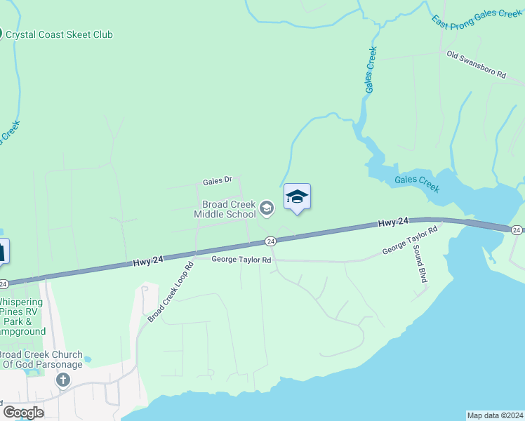map of restaurants, bars, coffee shops, grocery stores, and more near 2382 North Carolina 24 in Newport