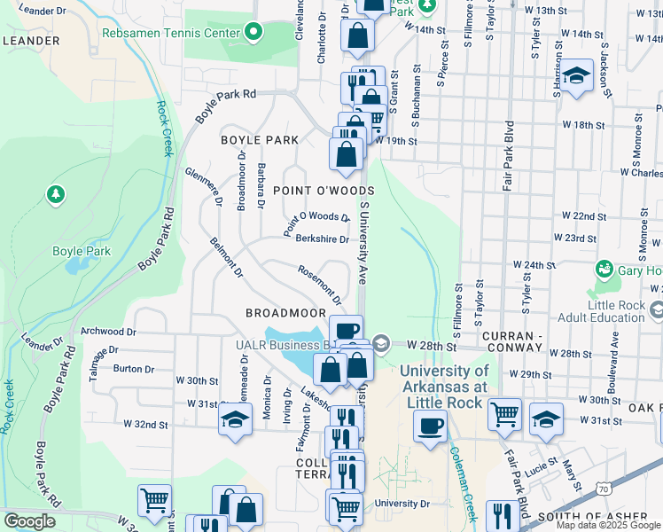map of restaurants, bars, coffee shops, grocery stores, and more near 15 Woodcliff Circle in Little Rock