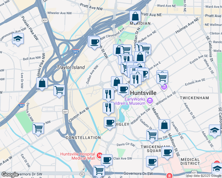 map of restaurants, bars, coffee shops, grocery stores, and more near in Huntsville