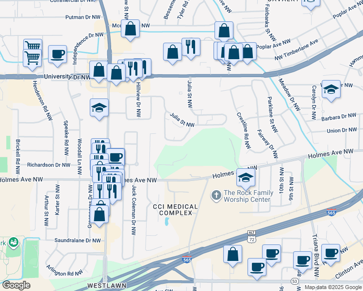 map of restaurants, bars, coffee shops, grocery stores, and more near 3615 North Crestview Drive Northwest in Huntsville