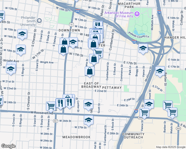 map of restaurants, bars, coffee shops, grocery stores, and more near 1999 West Charles Bussey Avenue in Little Rock