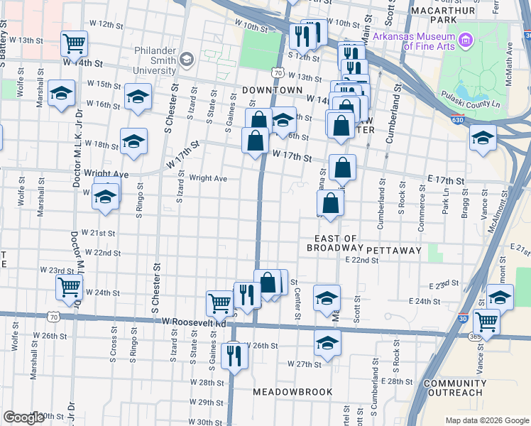 map of restaurants, bars, coffee shops, grocery stores, and more near 2001 Broadway Street in Little Rock