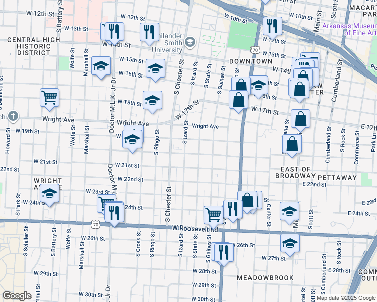 map of restaurants, bars, coffee shops, grocery stores, and more near 2005 South Izard Street in Little Rock