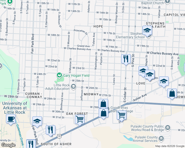 map of restaurants, bars, coffee shops, grocery stores, and more near 4521 West 24th Street in Little Rock