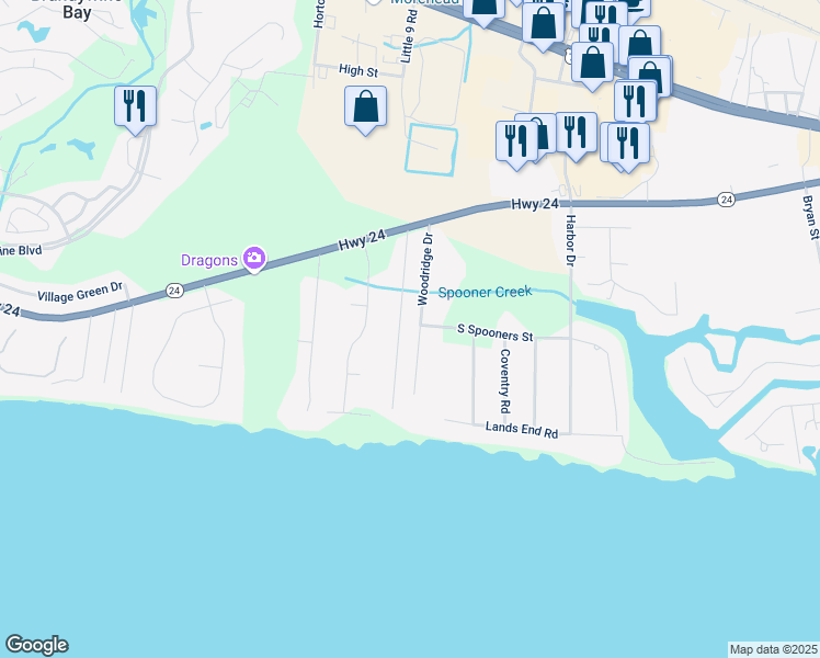 map of restaurants, bars, coffee shops, grocery stores, and more near 122 Woodridge Drive in Morehead City