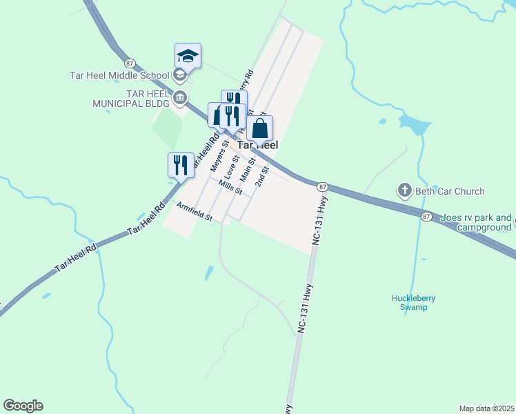 map of restaurants, bars, coffee shops, grocery stores, and more near 2nd Street in Bladenboro