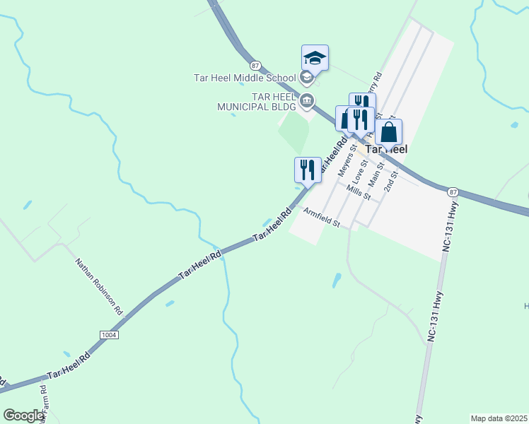 map of restaurants, bars, coffee shops, grocery stores, and more near 404 Tar Heel Road in Tar Heel
