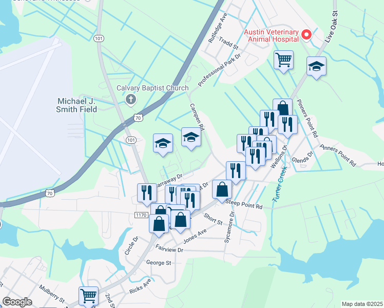 map of restaurants, bars, coffee shops, grocery stores, and more near 100 Carraway Drive in Beaufort