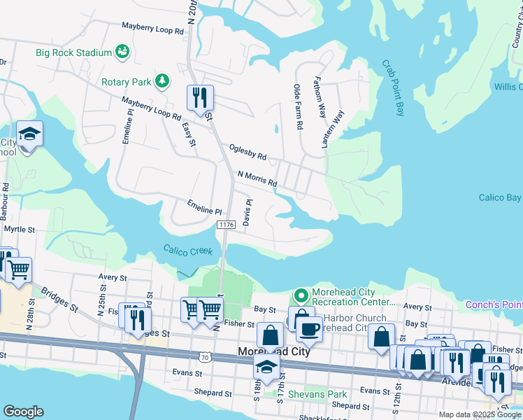 map of restaurants, bars, coffee shops, grocery stores, and more near 913 Calamanda Court in Morehead City