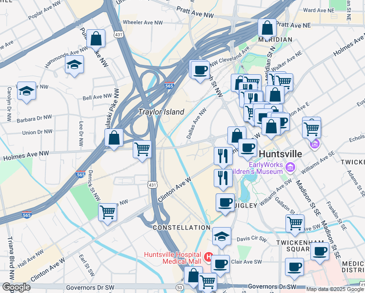 map of restaurants, bars, coffee shops, grocery stores, and more near 101 Pollard Circle Northwest in Huntsville