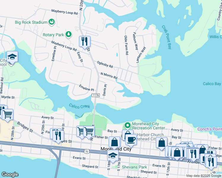 map of restaurants, bars, coffee shops, grocery stores, and more near 913 Calamanda Court in Morehead City