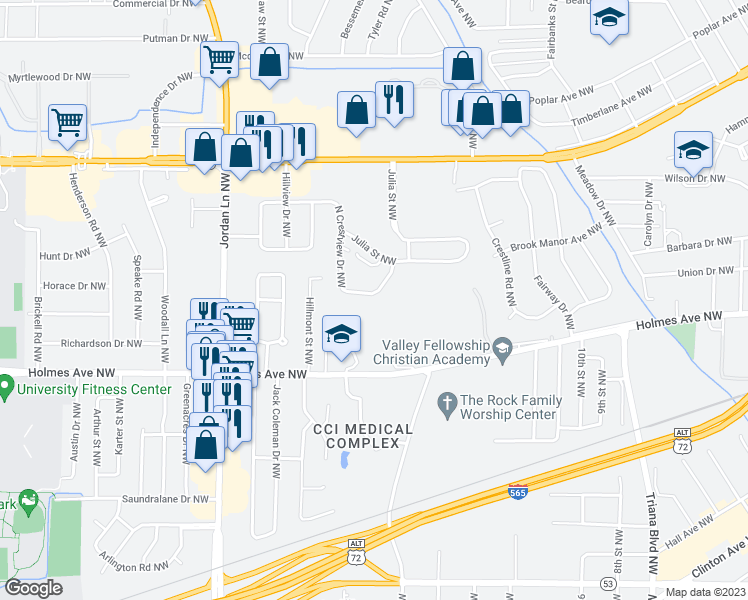 map of restaurants, bars, coffee shops, grocery stores, and more near 3615 North Crestview Drive Northwest in Huntsville