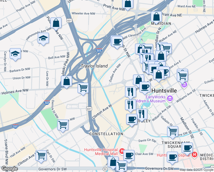 map of restaurants, bars, coffee shops, grocery stores, and more near 101 Pollard Circle Northwest in Huntsville