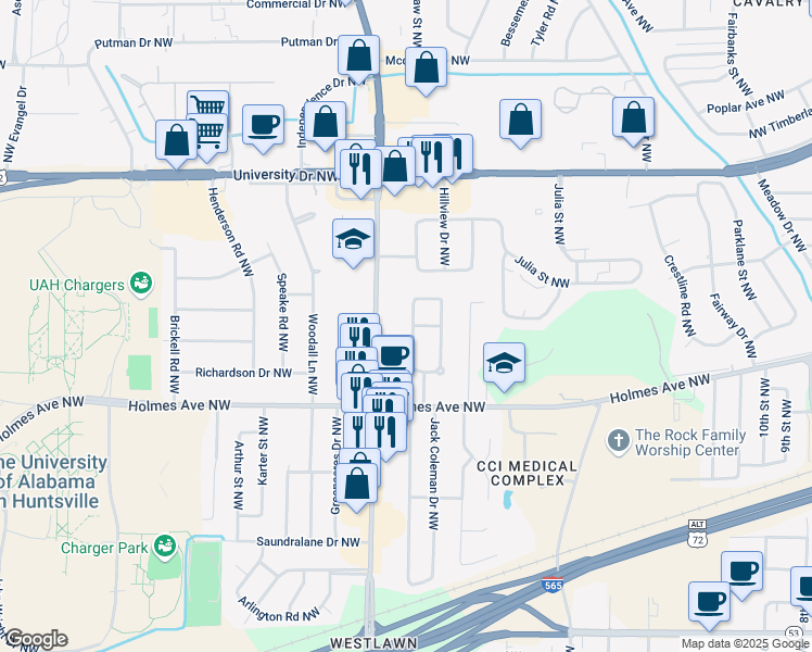 map of restaurants, bars, coffee shops, grocery stores, and more near 707 Killarney Drive Northwest in Huntsville