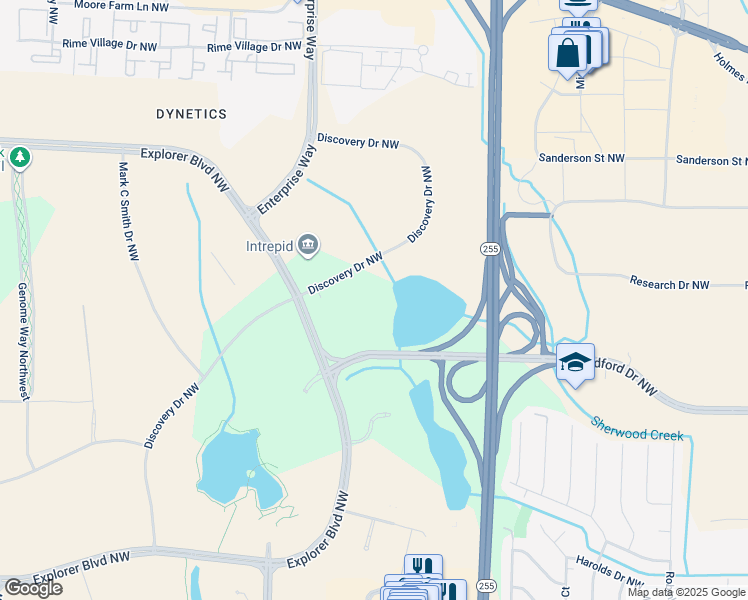 map of restaurants, bars, coffee shops, grocery stores, and more near 620 Discovery Drive Northwest in Huntsville