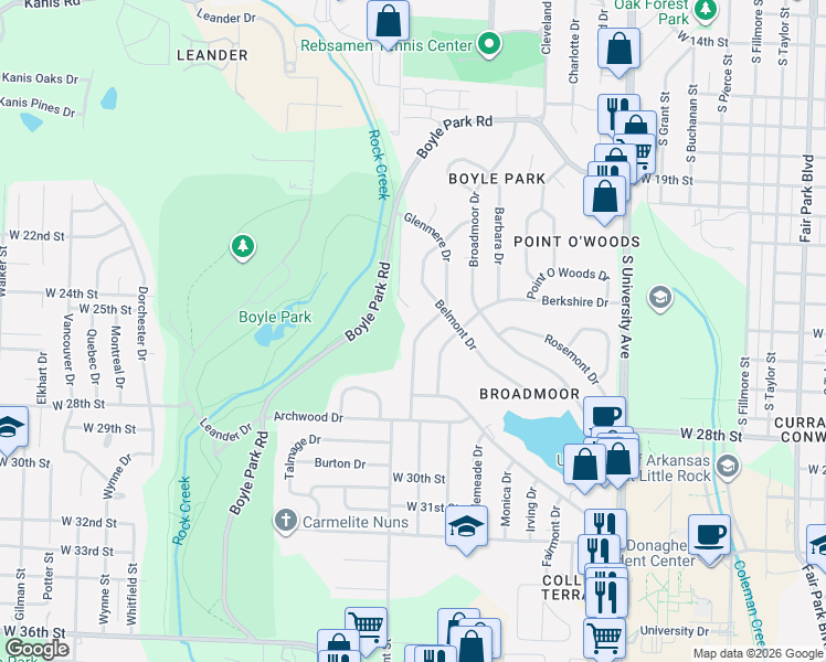 map of restaurants, bars, coffee shops, grocery stores, and more near 25 Glenmere Drive in Little Rock