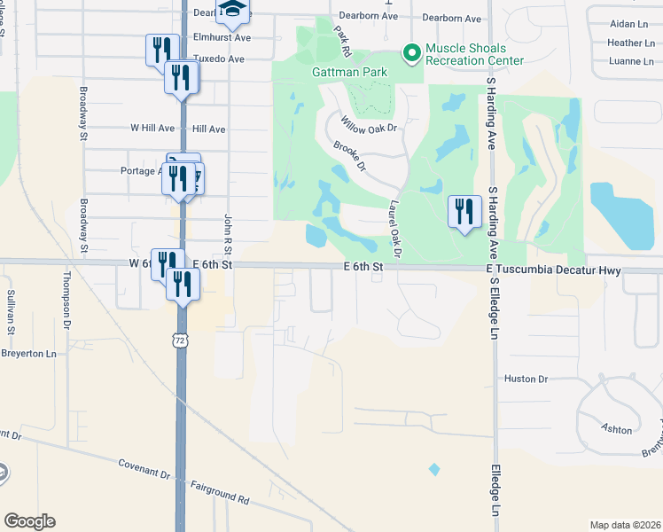 map of restaurants, bars, coffee shops, grocery stores, and more near 3401 Brush Street in Muscle Shoals