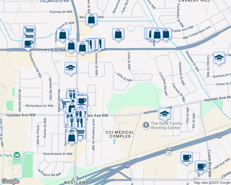 map of restaurants, bars, coffee shops, grocery stores, and more near 3623 N Crestview Dr NW in Huntsville