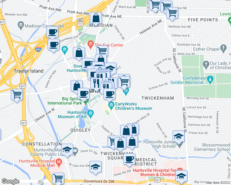 map of restaurants, bars, coffee shops, grocery stores, and more near 212 Eustis Avenue Southeast in Huntsville