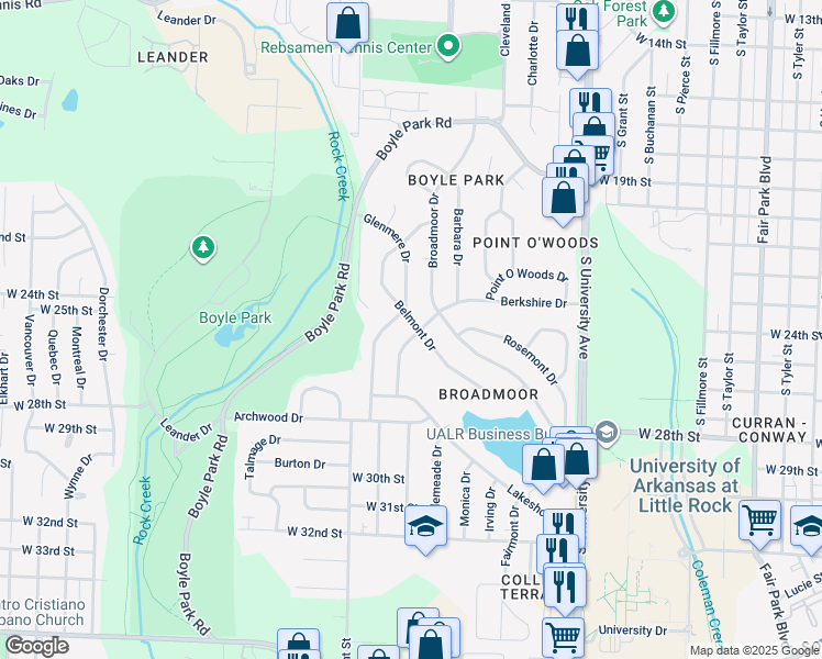 map of restaurants, bars, coffee shops, grocery stores, and more near 14 Berkshire Drive in Little Rock
