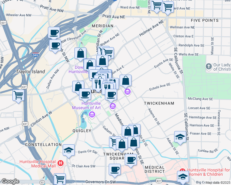map of restaurants, bars, coffee shops, grocery stores, and more near 116 Southside Square in Huntsville