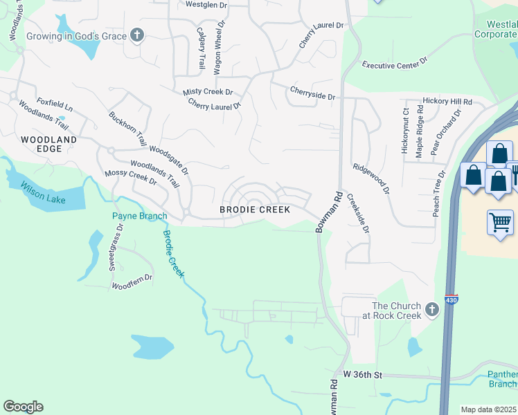 map of restaurants, bars, coffee shops, grocery stores, and more near 12317 Brodie Creek Trail in Little Rock