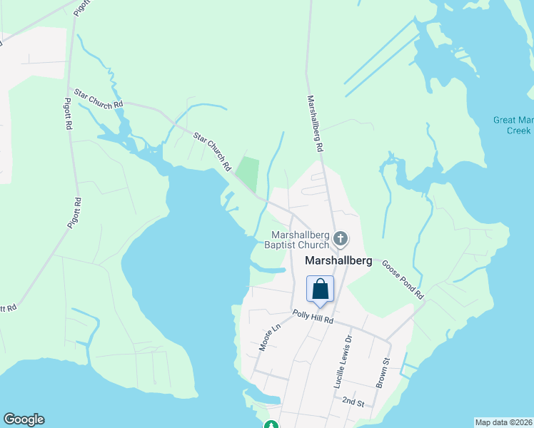 map of restaurants, bars, coffee shops, grocery stores, and more near 197 Star Church Road in Marshallberg