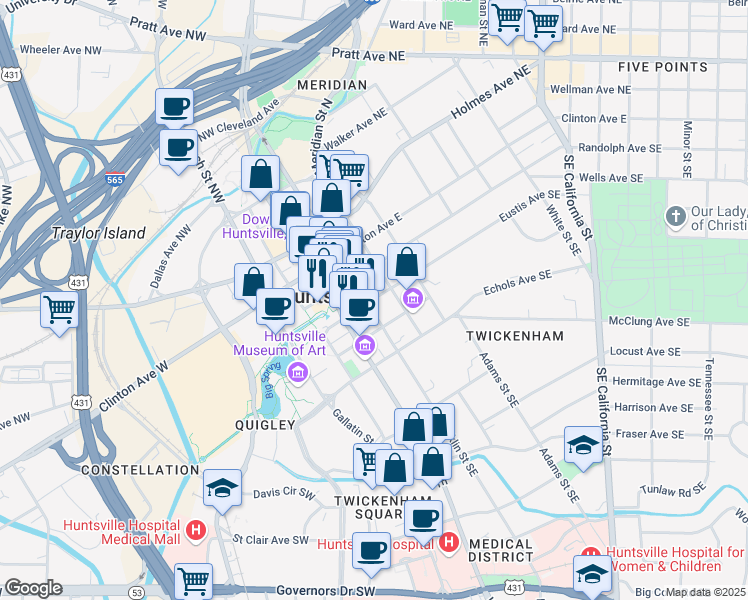 map of restaurants, bars, coffee shops, grocery stores, and more near 212 Eustis Avenue Southeast in Huntsville