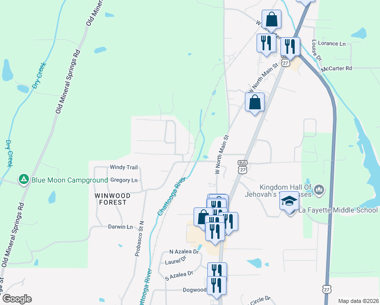 map of restaurants, bars, coffee shops, grocery stores, and more near 6 Drew Lane in LaFayette