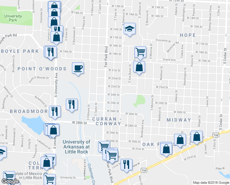 map of restaurants, bars, coffee shops, grocery stores, and more near 2309 South Tyler Street in Little Rock