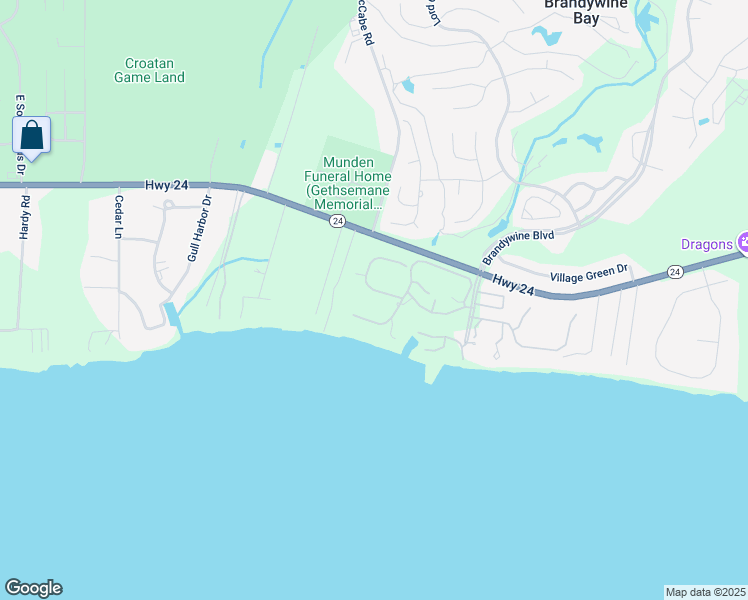 map of restaurants, bars, coffee shops, grocery stores, and more near 122 Pine Bluff Drive in Morehead City