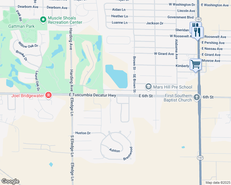map of restaurants, bars, coffee shops, grocery stores, and more near 1607-1655 East Tuscumbia Decatur Highway in Muscle Shoals