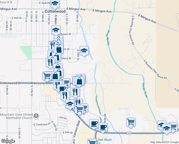 map of restaurants, bars, coffee shops, grocery stores, and more near 480 S Sawmill Gardens Dr in Cottonwood