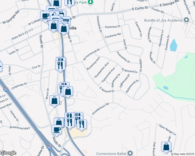 map of restaurants, bars, coffee shops, grocery stores, and more near 203 South Almond Drive in Simpsonville