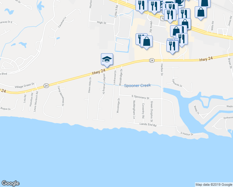 map of restaurants, bars, coffee shops, grocery stores, and more near 120 Woodridge Drive in Morehead City