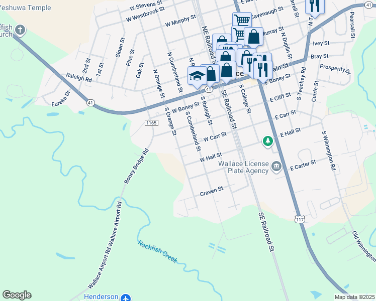 map of restaurants, bars, coffee shops, grocery stores, and more near 313 West Carr Street in Wallace