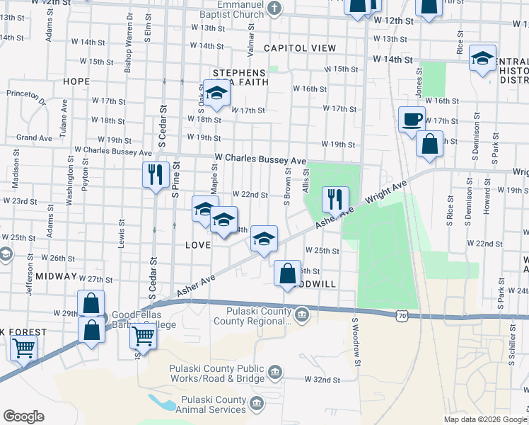 map of restaurants, bars, coffee shops, grocery stores, and more near 2220 South Martin Street in Little Rock