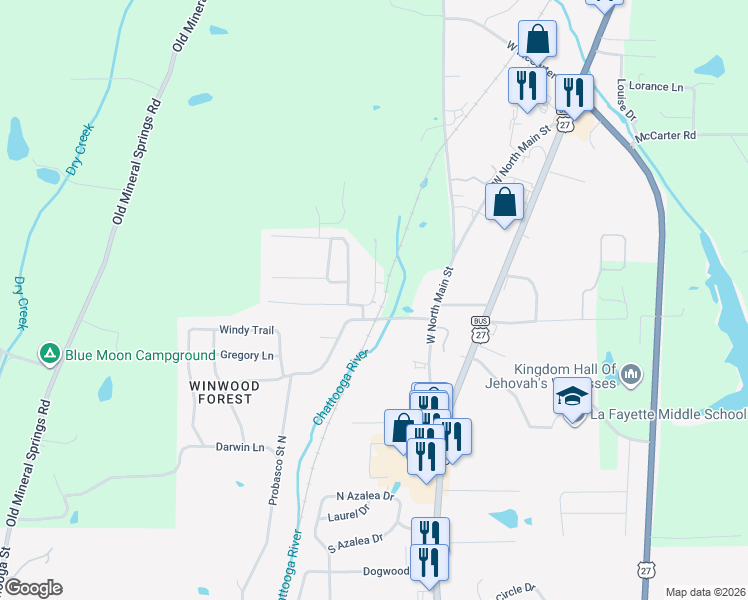 map of restaurants, bars, coffee shops, grocery stores, and more near 6 Drew Lane in LaFayette