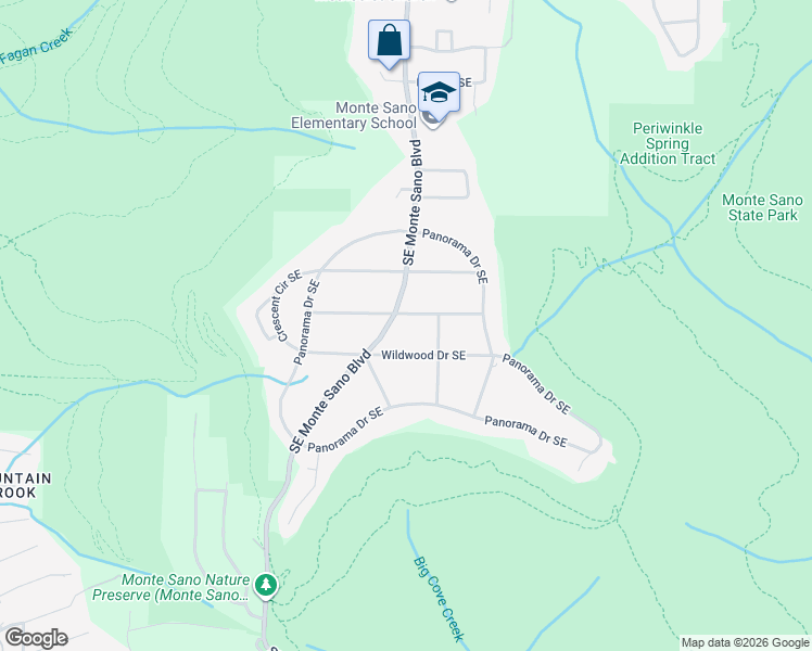 map of restaurants, bars, coffee shops, grocery stores, and more near 1419 Monte Sano Boulevard Southeast in Huntsville