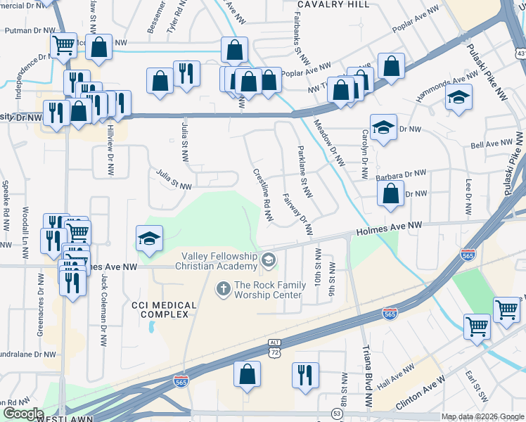 map of restaurants, bars, coffee shops, grocery stores, and more near 915 Crestline Road Northwest in Huntsville