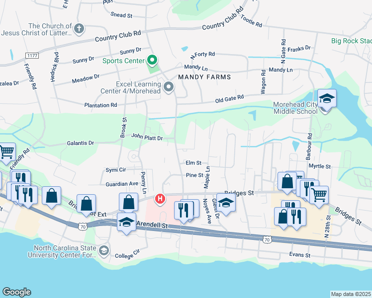 map of restaurants, bars, coffee shops, grocery stores, and more near Eaton Dr in Morehead City