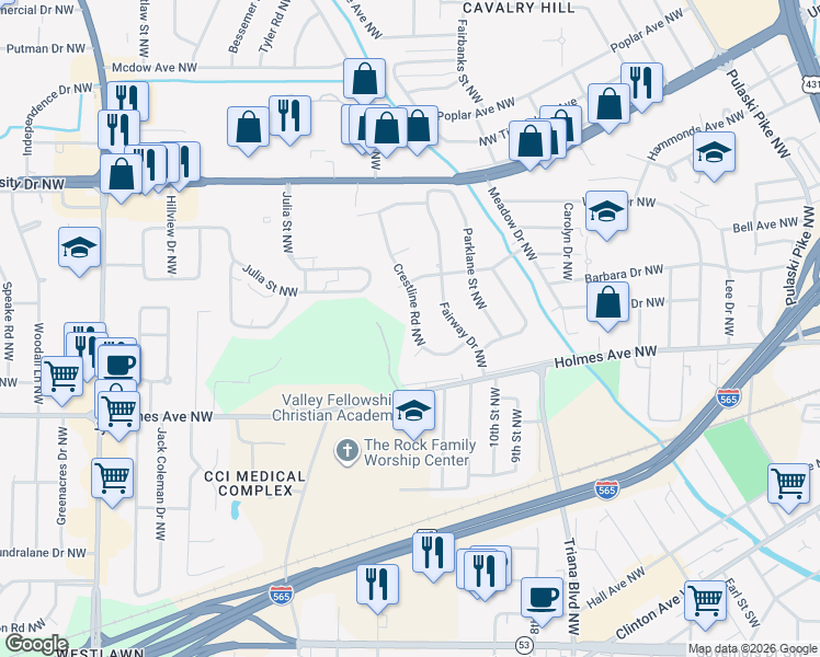 map of restaurants, bars, coffee shops, grocery stores, and more near 915 Crestline Road Northwest in Huntsville