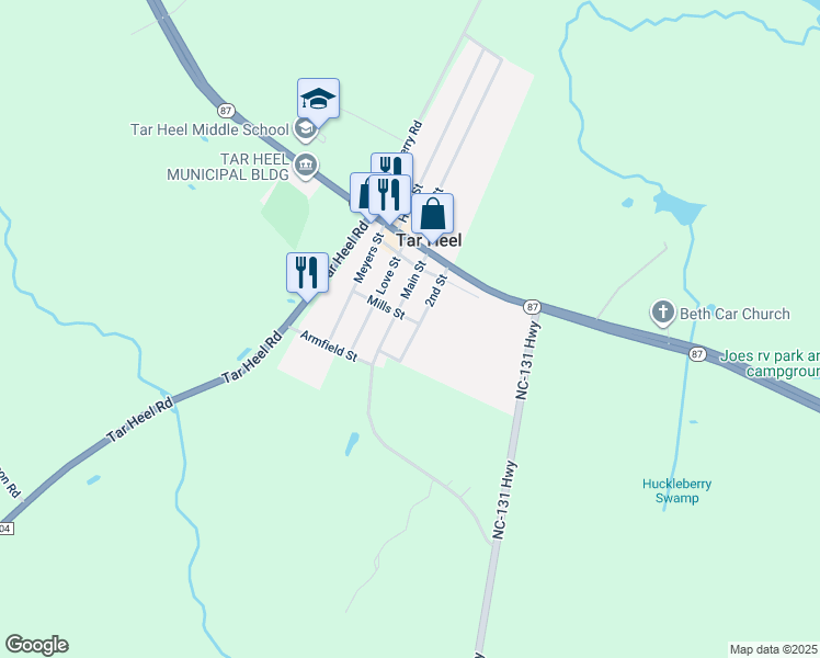 map of restaurants, bars, coffee shops, grocery stores, and more near 2nd Street in Bladenboro