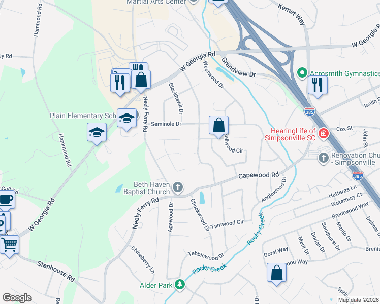 map of restaurants, bars, coffee shops, grocery stores, and more near 10 Aspenwood Drive in Simpsonville
