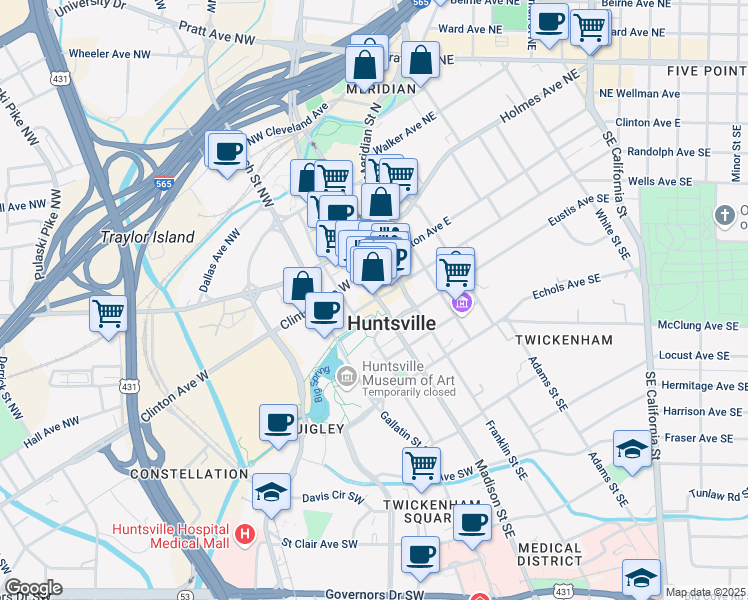 map of restaurants, bars, coffee shops, grocery stores, and more near 101-199 Spring St SW in Huntsville