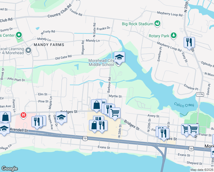 map of restaurants, bars, coffee shops, grocery stores, and more near 401 Barbour Road in Morehead City